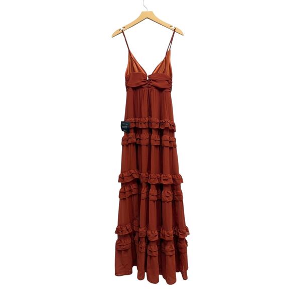 Lulus Lavish Perfection Rust Orange Ruffled Tiered Maxi Dress size Small NWT - Picture 6 of 7